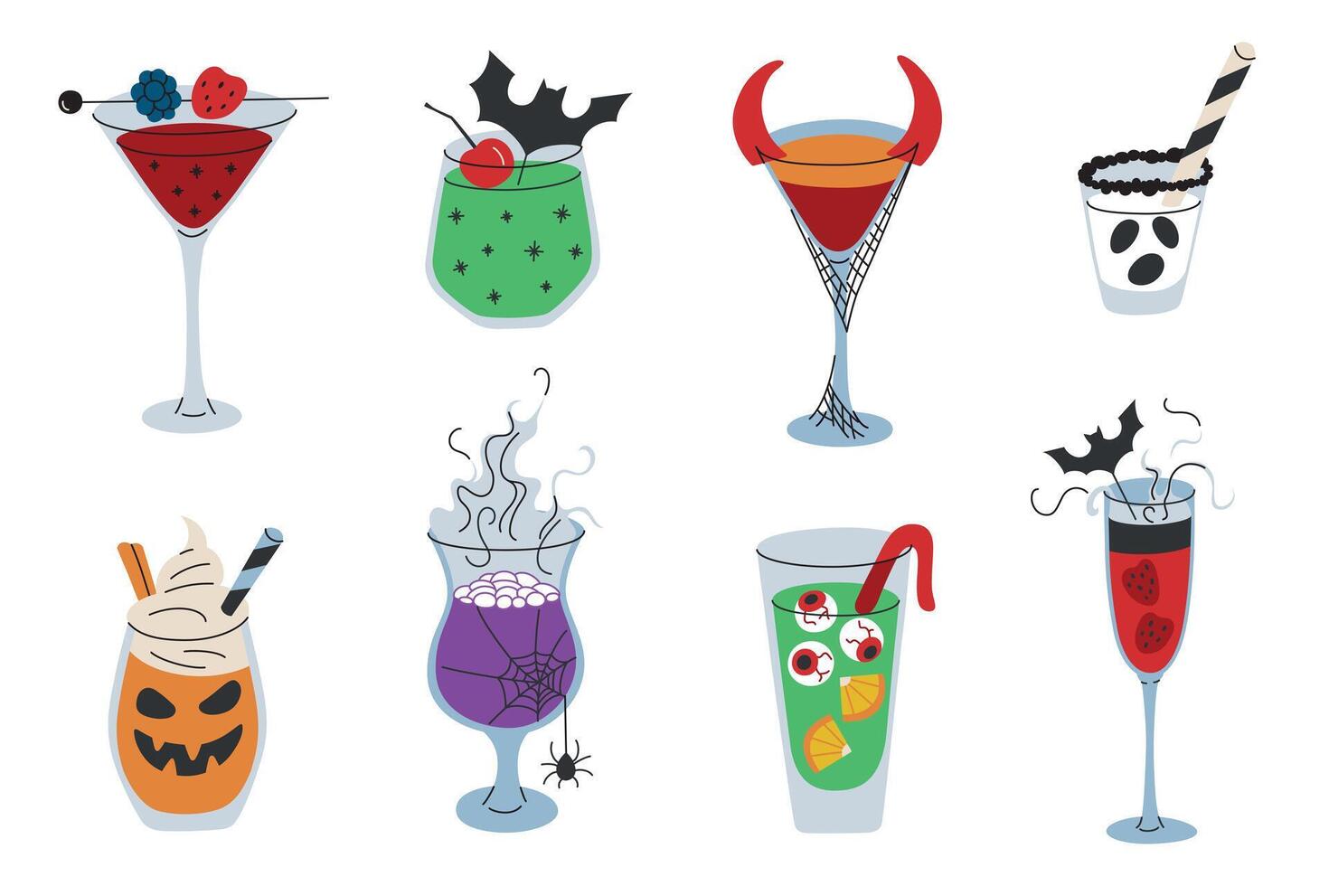 Collection of spooky Halloween cocktails in flat cartoon style. Devil horns, bats, eyeballs, and spider webs on eerie glasses with festive drinks. illustrations set on white background vector