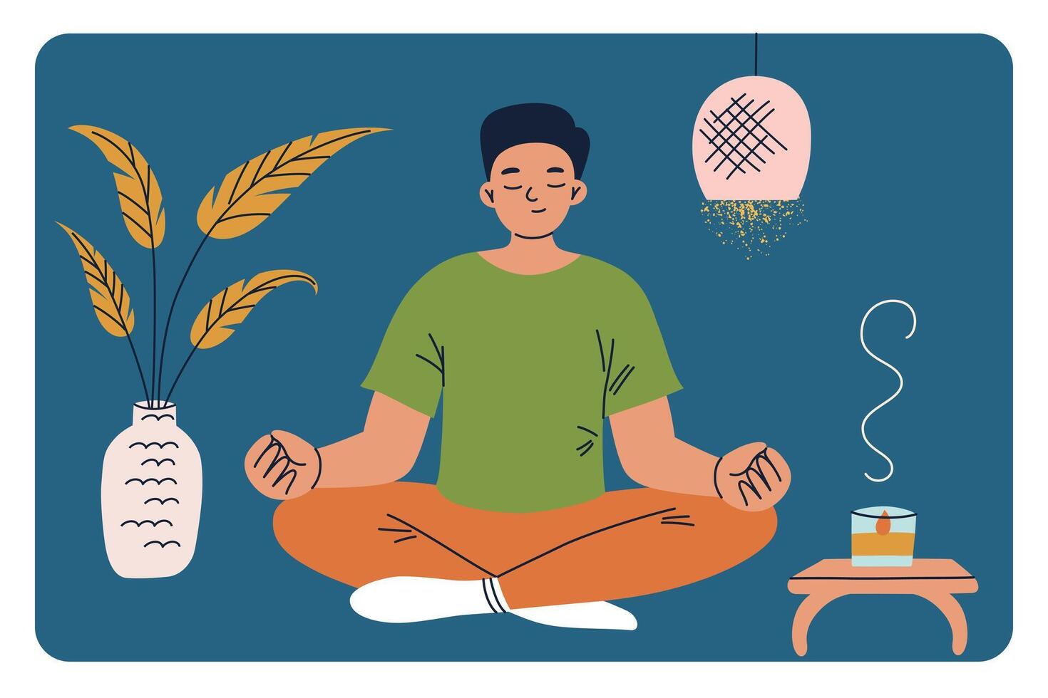 illustration of man sitting in meditative pose with serene expression. Practicing mindfulness, calming elements like incense candle, and indoor plant. Flat cartoon style, peaceful atmosphere vector
