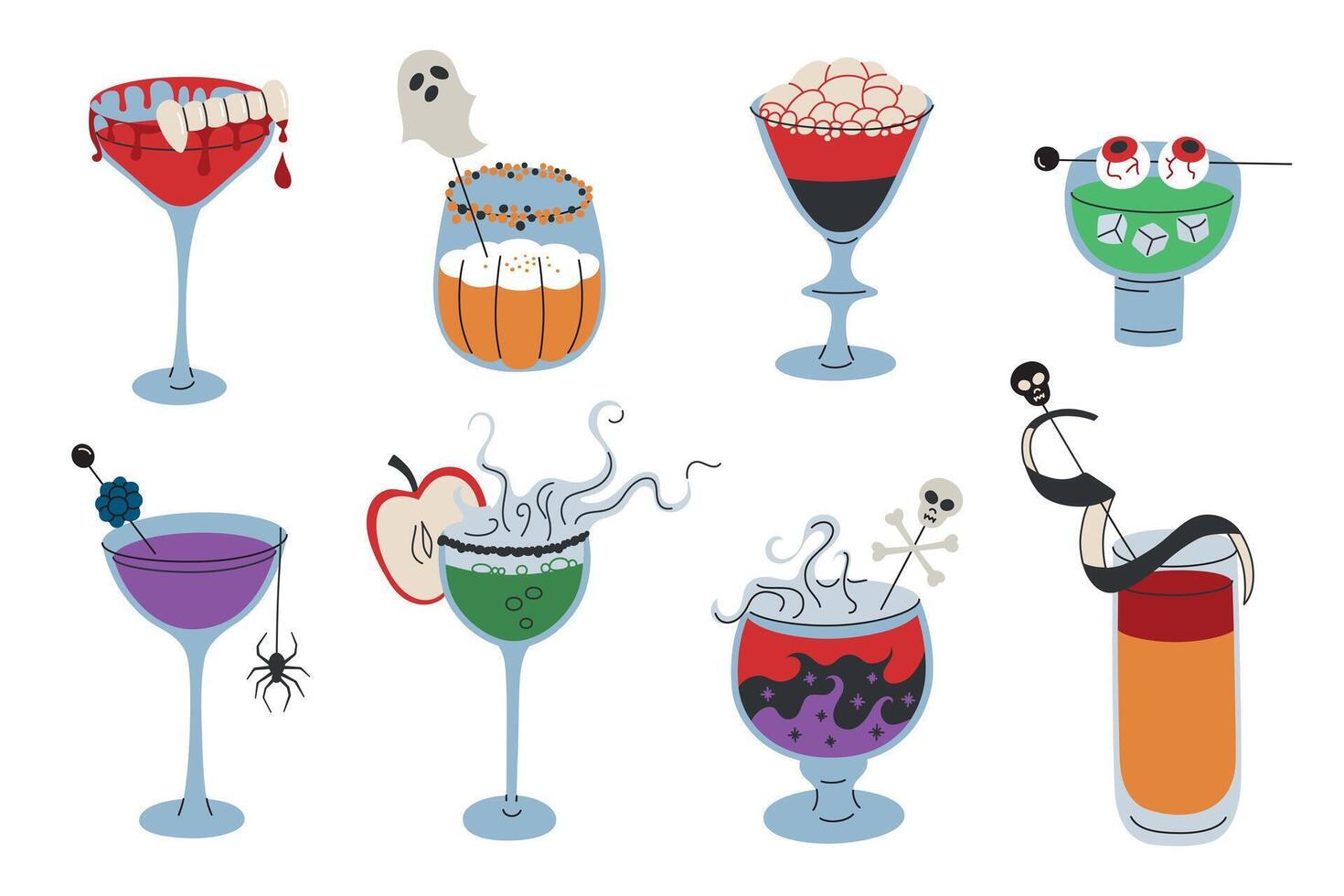 Set of spooky Halloween cocktails in style. Creepy party drinks with skulls, eyeballs, ghosts. Glasses collection with smoking sangria for Halloween invitations. Flat cartoon illustration vector