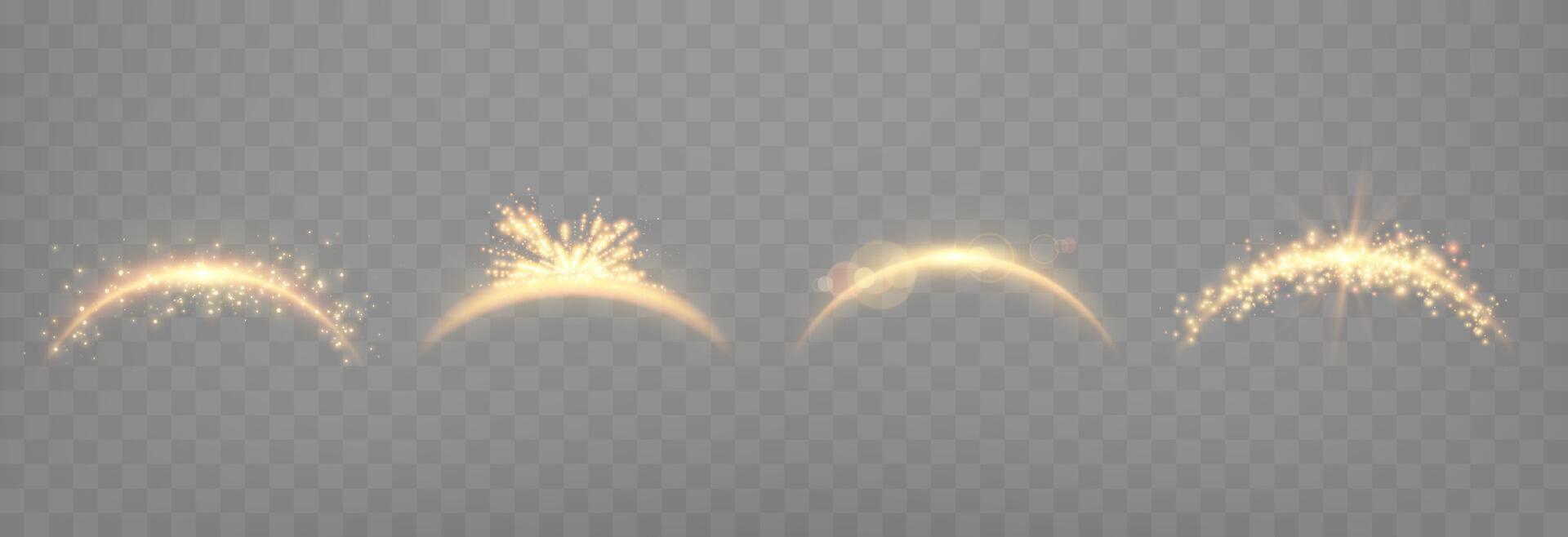 Orange magic arches set, with glowing particles, sunlight lens flare. Neon realistic energy flare arch. vector