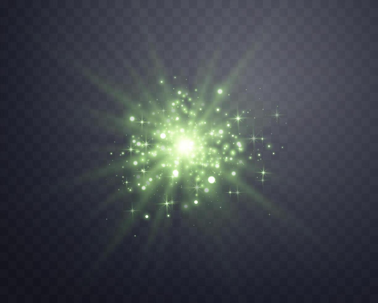 Green sunlight lens flare, sun flash with rays and spotlight. Glowing burst explosion vector