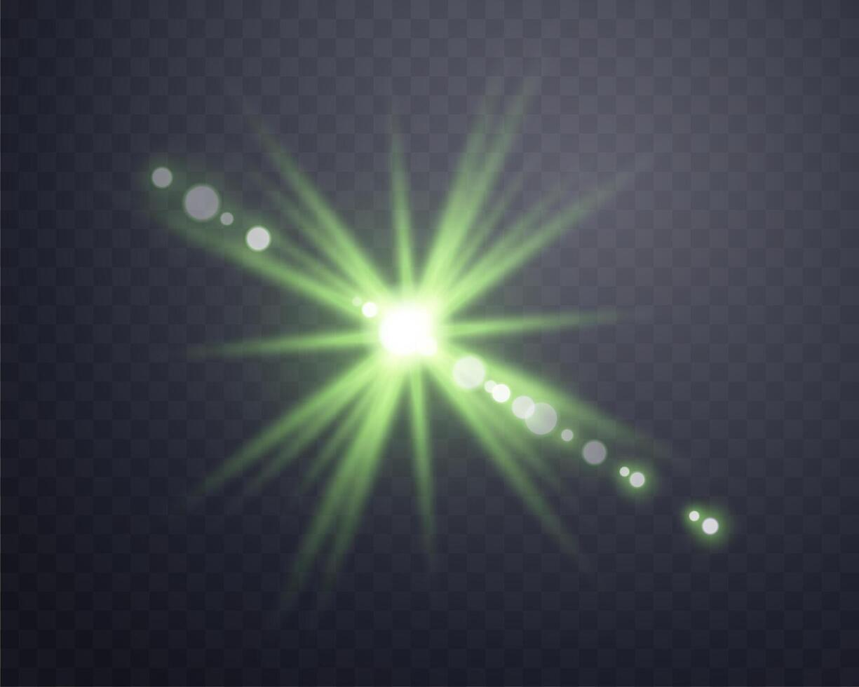 Green sunlight lens flare, sun flash with rays and spotlight. Glowing burst explosion vector