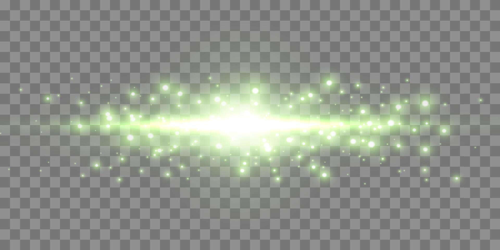 Green horizontal lensflare. Light flash with rays or green spotlight. Glow flare light effect. vector