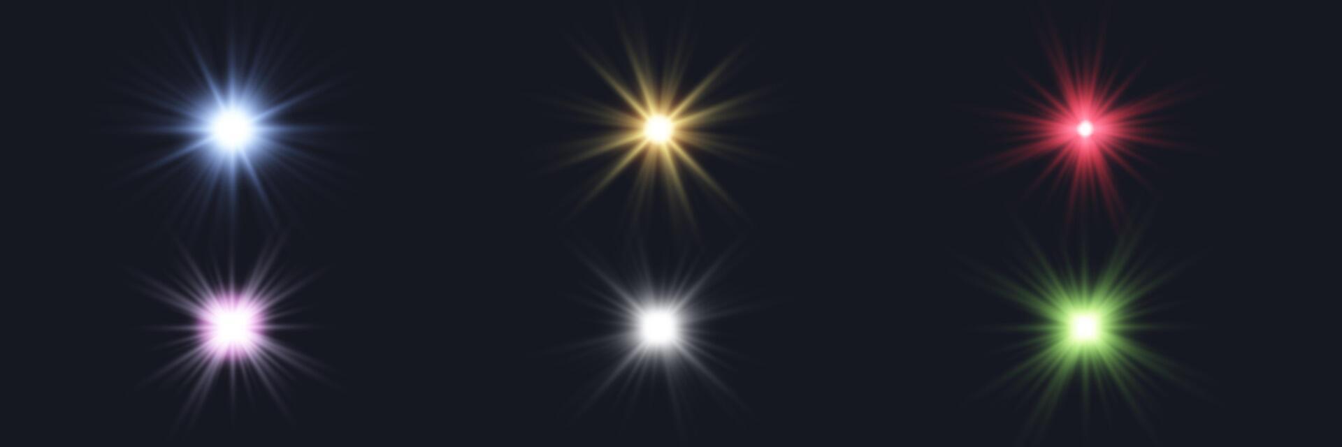 Different colors sunlight lens flare, sun flash with rays and spotlight. Glowing burst explosion vector