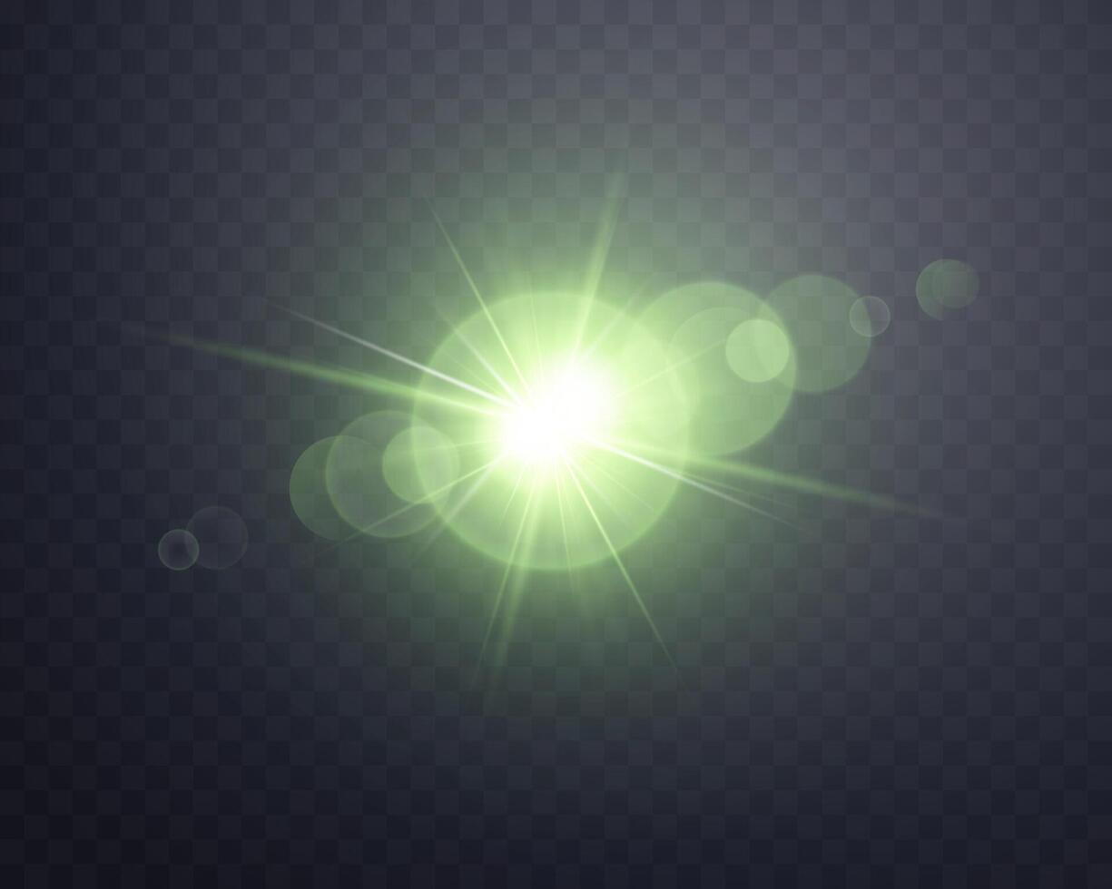 Green sunlight lens flare, sun flash with rays and spotlight. Glowing burst explosion vector