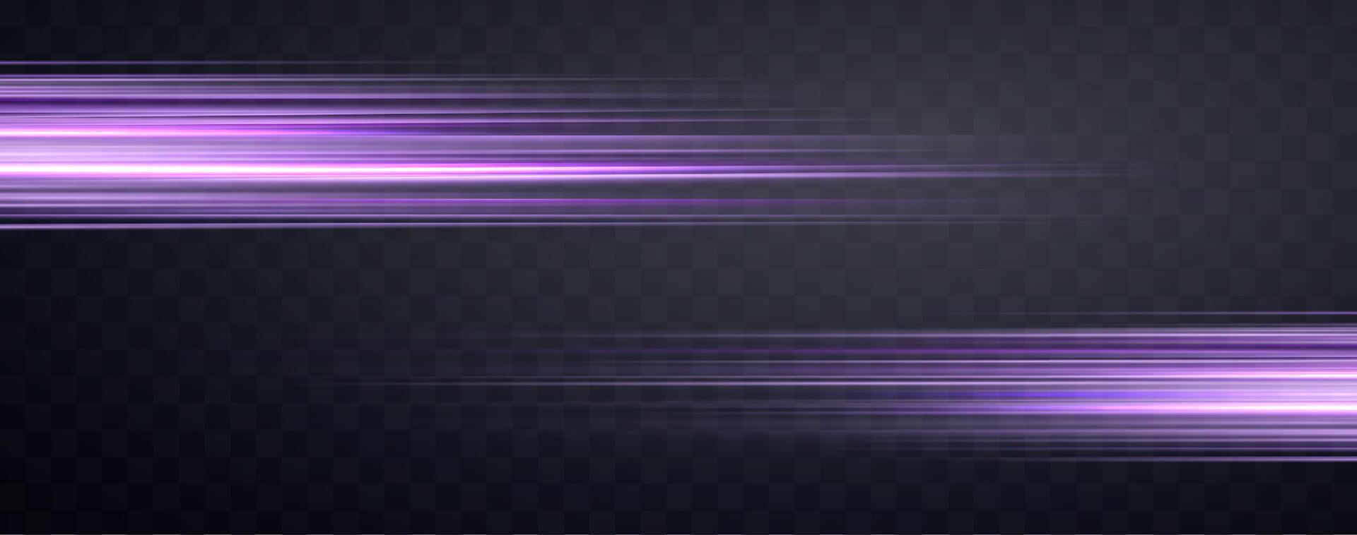 Speed rays, velocity light neon flow, zoom in motion effect, purple glow speed lines, colorful light trails, stripes. vector