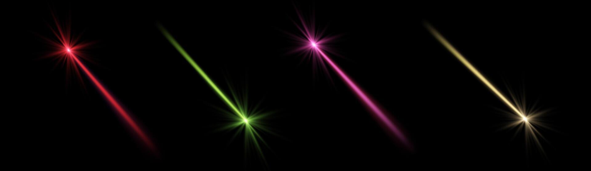 Glowing magic laser beams set. Neon line, presentation pointer. Blue glow flare light effect. vector