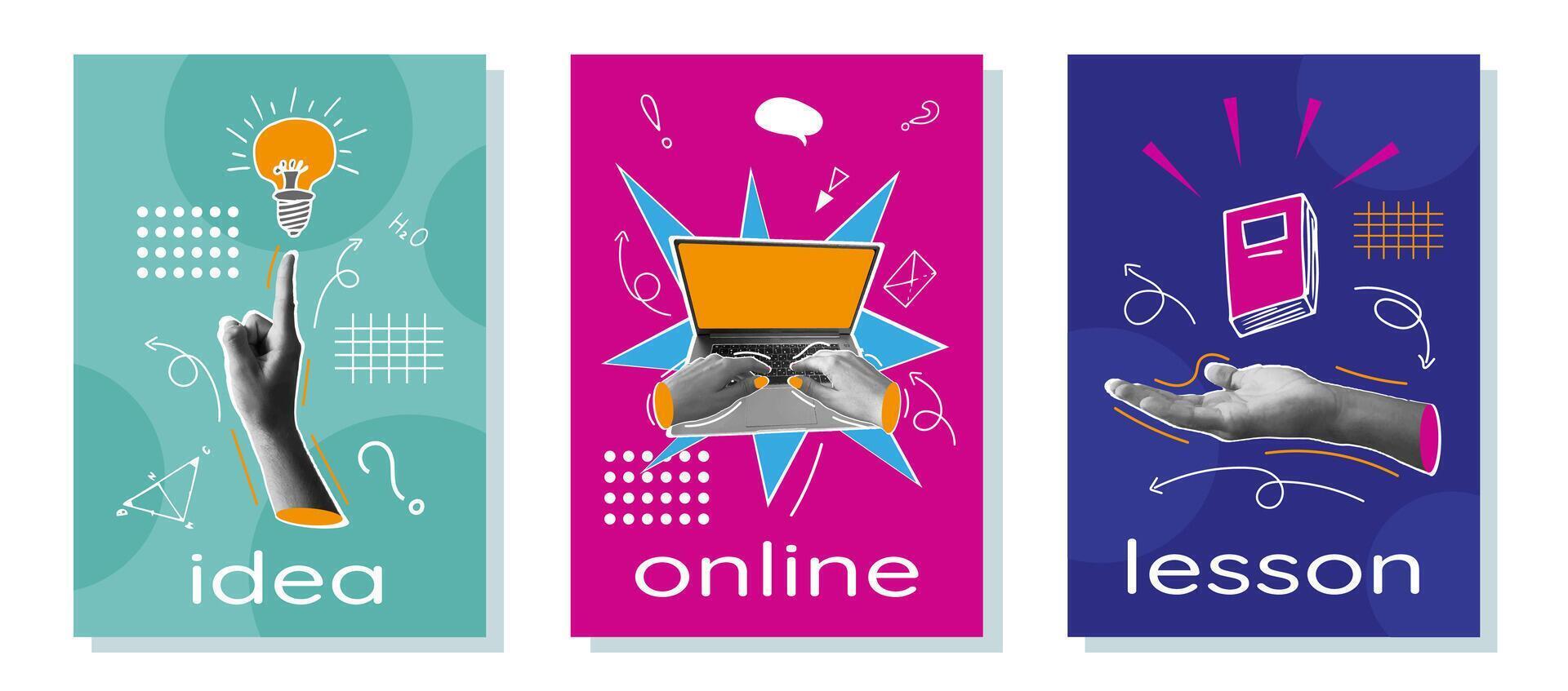 Trendy Collection of Collages with Hand, Laptop Computer, Lightbulb. Modern Posters design of website, programming, online lessons, idea. Illustration Concept with simple elements and icons. vector
