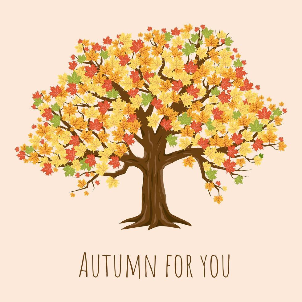 Trendy Autumn Greeting Card. Modern Fall Poster in Flat style. Minimalism Art Design Holiday Covers, Banner with autumn maple tree, leaves, trendy typography. Concept for website, social media, sale. vector