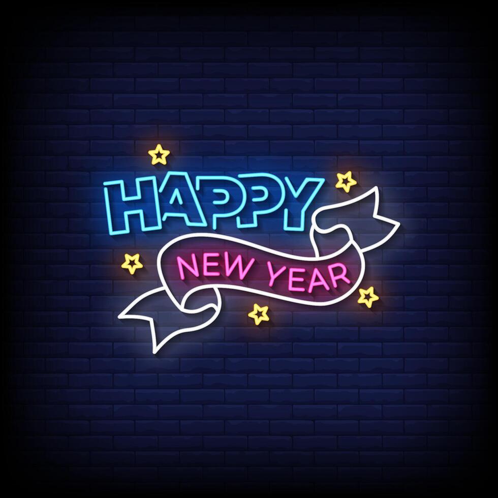 happy new year neon sign with brick wall background vector