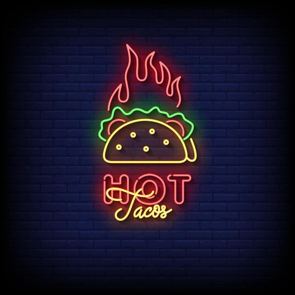 hot tacos neon sign with brick wall background vector