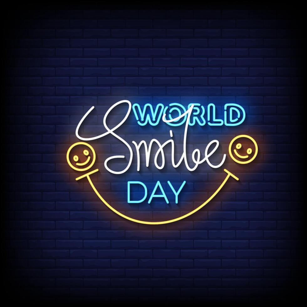 world smile day neon sign with brick wall background vector