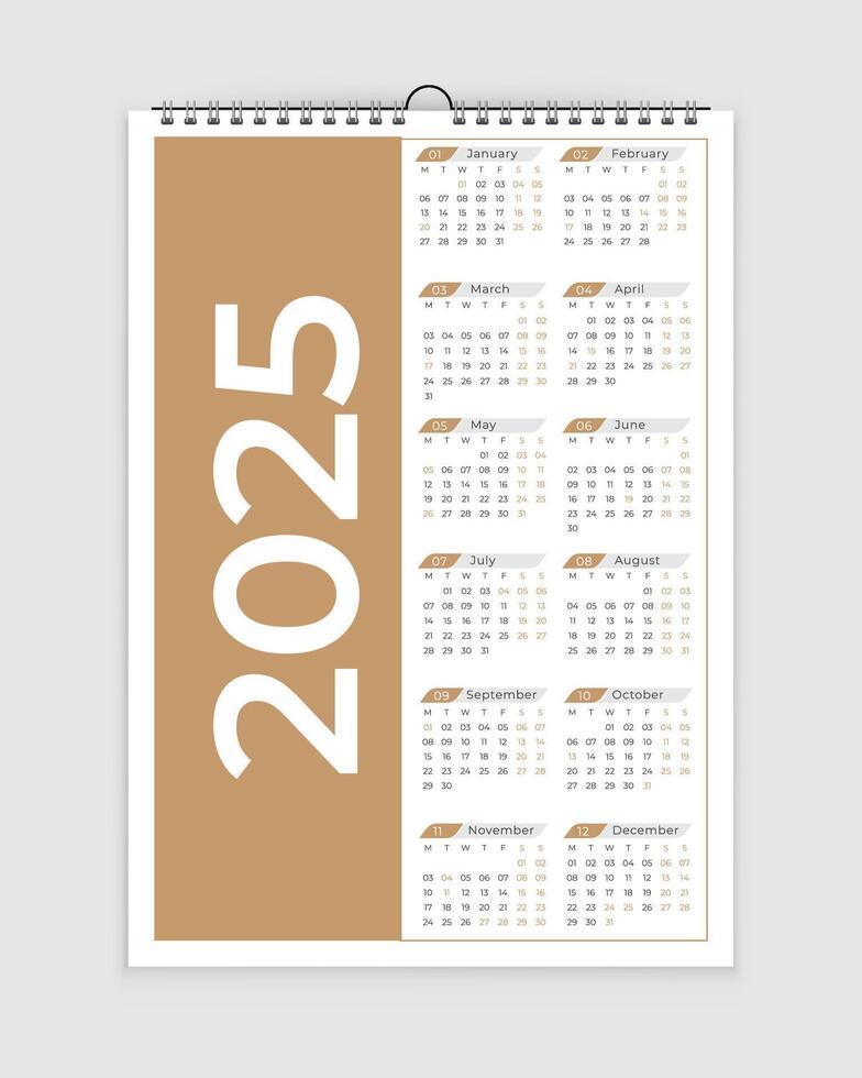 2025 wall calendar design template. modern and minimal style 2023 single-page wall calendar for the new year vector
