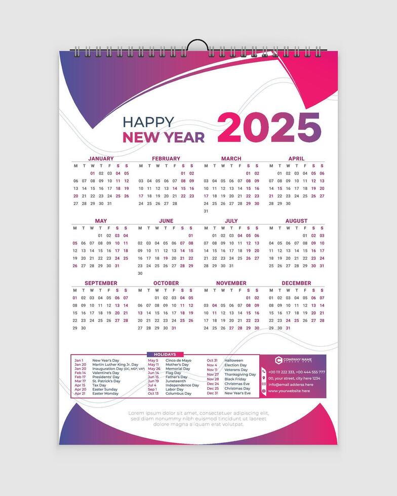 Calendar 2025 design template, wall calendar 2025 year, Week Starts on Monday, Set of 12 Months, Desk calendar, planner simple, poster, printing, advertisement, vertical page, gradient background vector