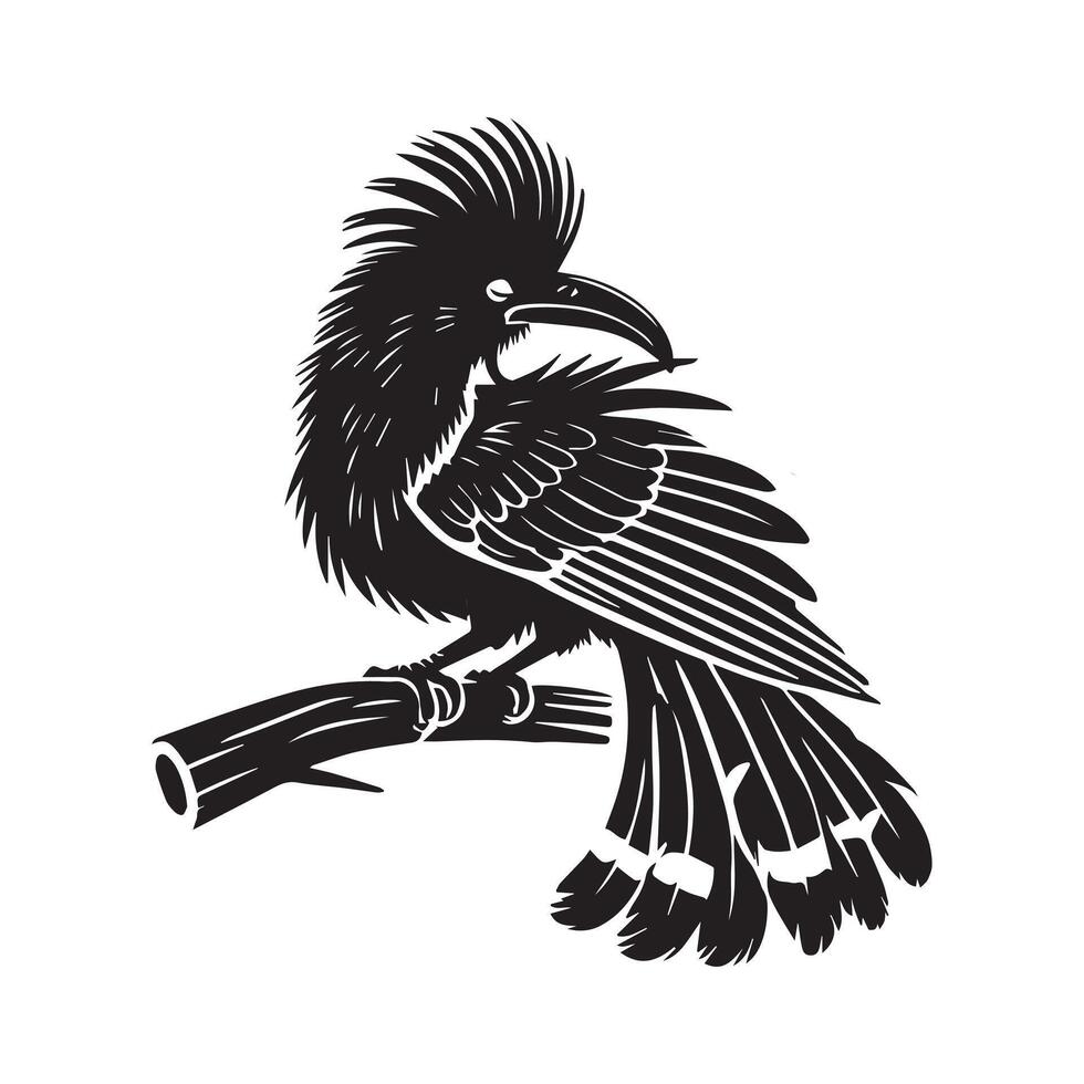A black and white illustration of a crow sitting on a branch vector