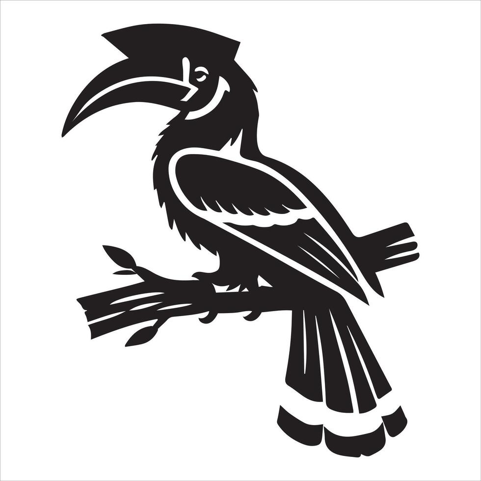 A black and white illustration of a toucan sitting on a branch vector