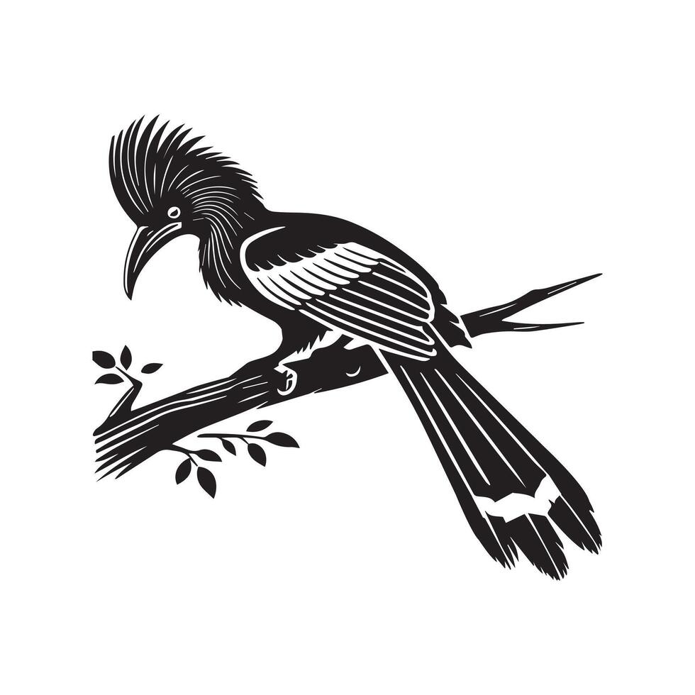 A black and white illustration of a bird sitting on a branch vector