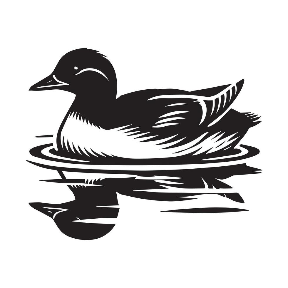 A black and white drawing of a duck on the water vector
