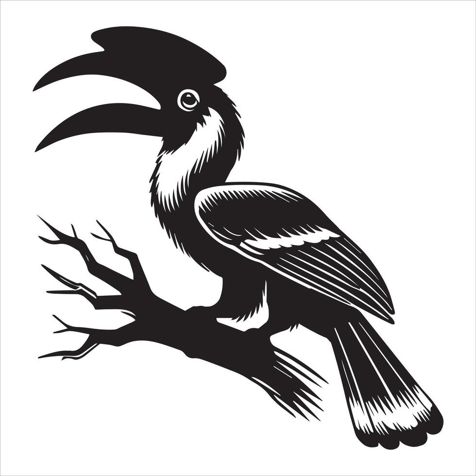 A black and white illustration of a toucan sitting on a branch vector