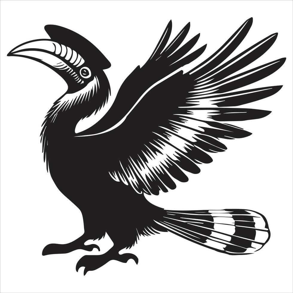 A black and white image of a toucan with its wings spread vector