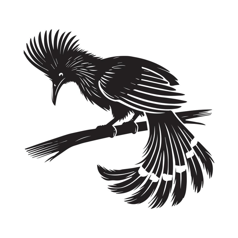A black and white illustration of a bird sitting on a branch vector