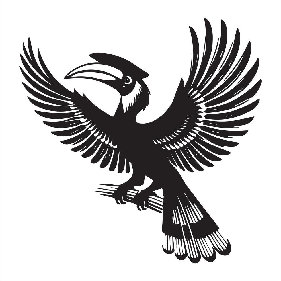 A black and white image of a toucan with its wings spread vector