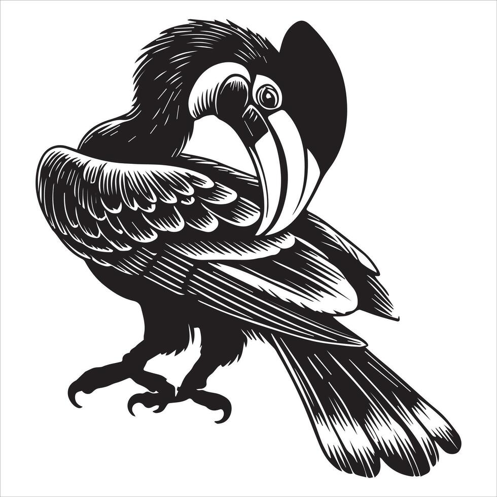 A black and white illustration of a toucan vector
