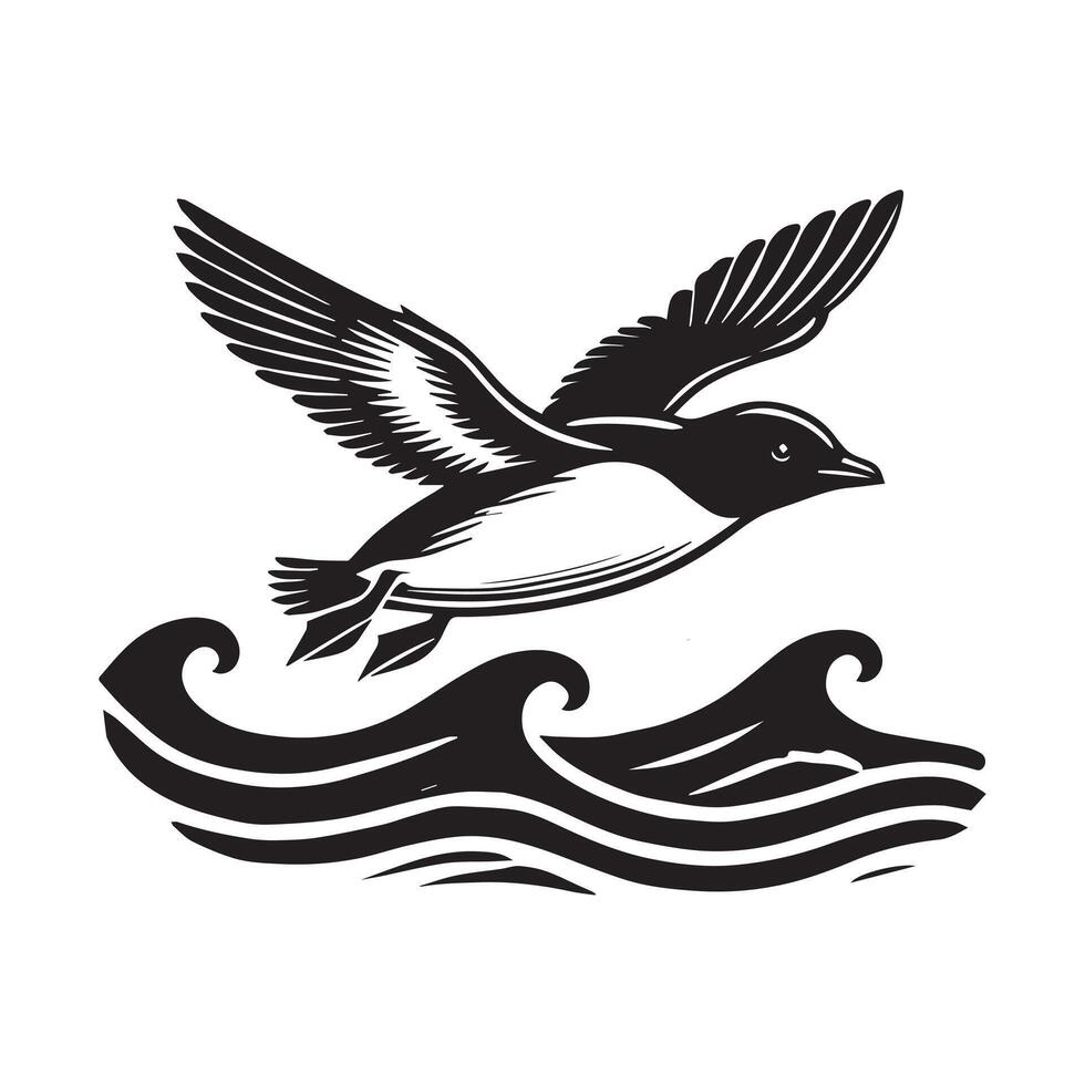 A black and white drawing of a bird flying over waves vector