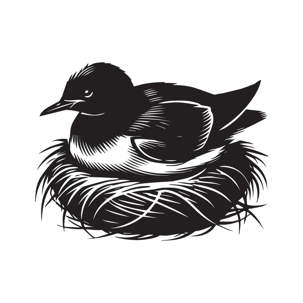 A black and white illustration of a bird sitting on a nest vector
