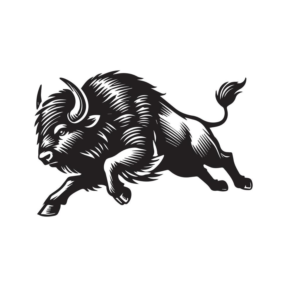 A black and white illustration of a running buffalo vector