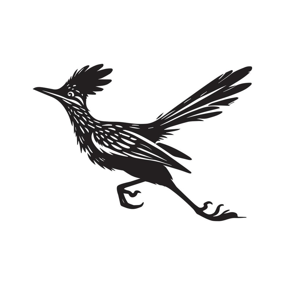 A black and white illustration of a roadrunner vector