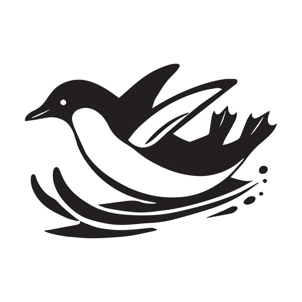 A penguin is flying in the air on a wave vector