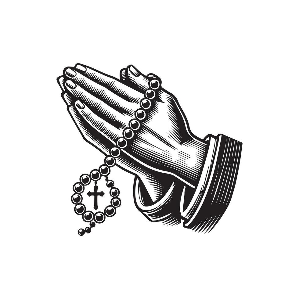 Praying hands with rosary and cross vector
