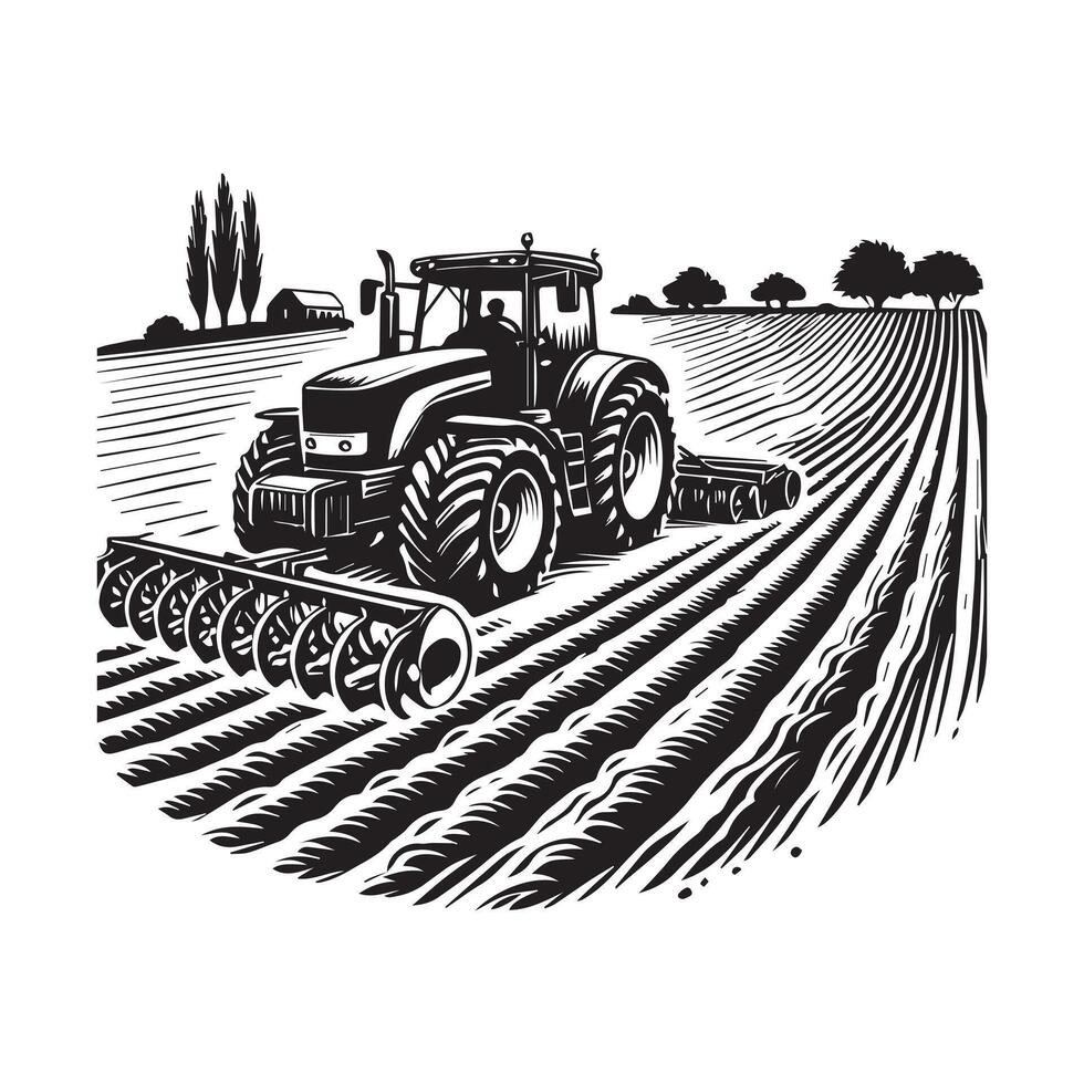 Tractor in the field with plow and tractor vector