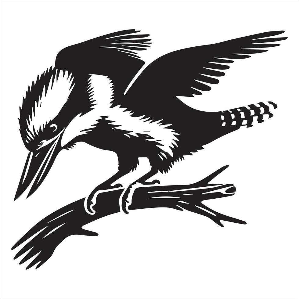 A black and white illustration of a bird sitting on a branch vector
