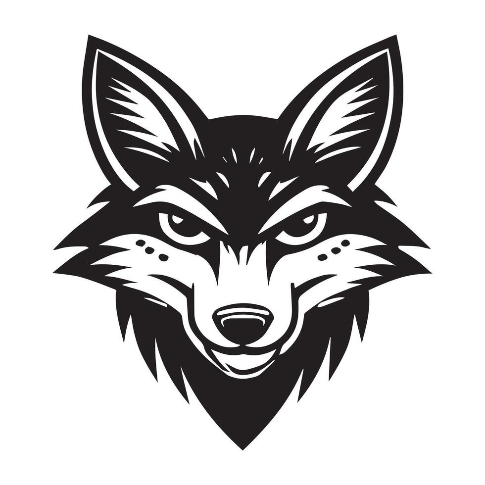 The head of a wolf is shown in black and white vector
