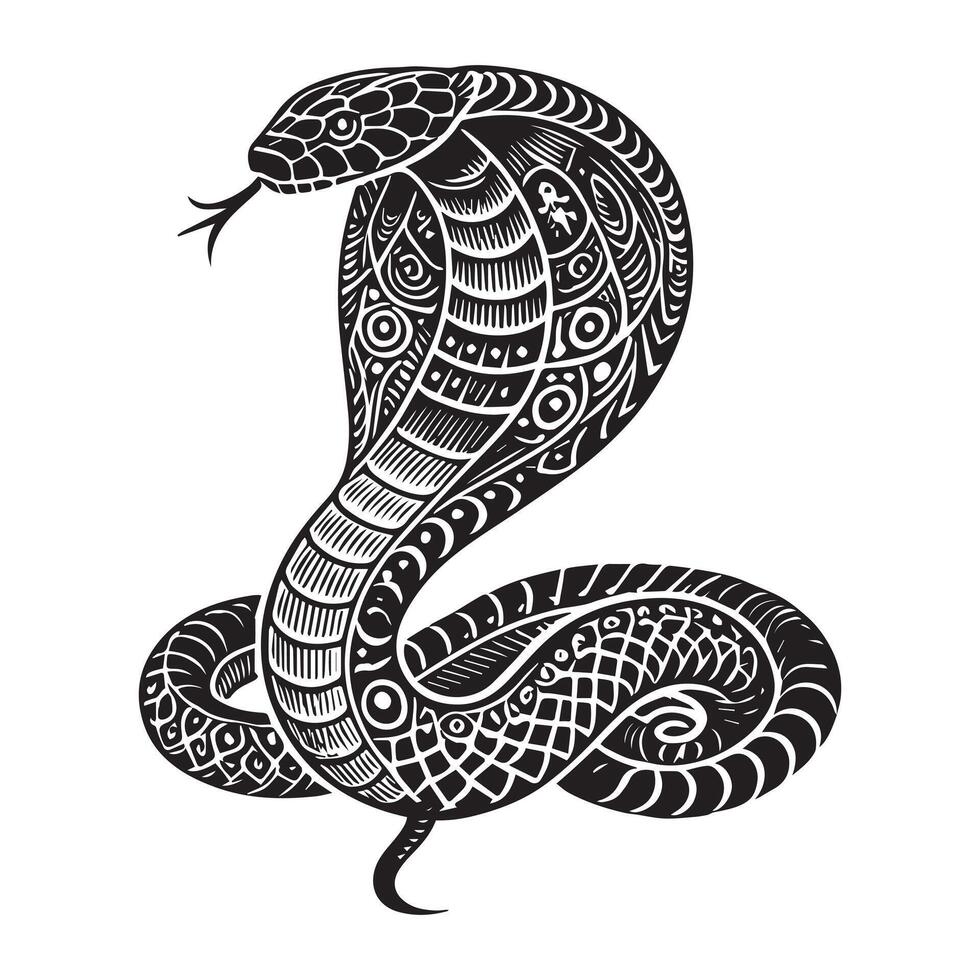 A black and white drawing of a cobra vector