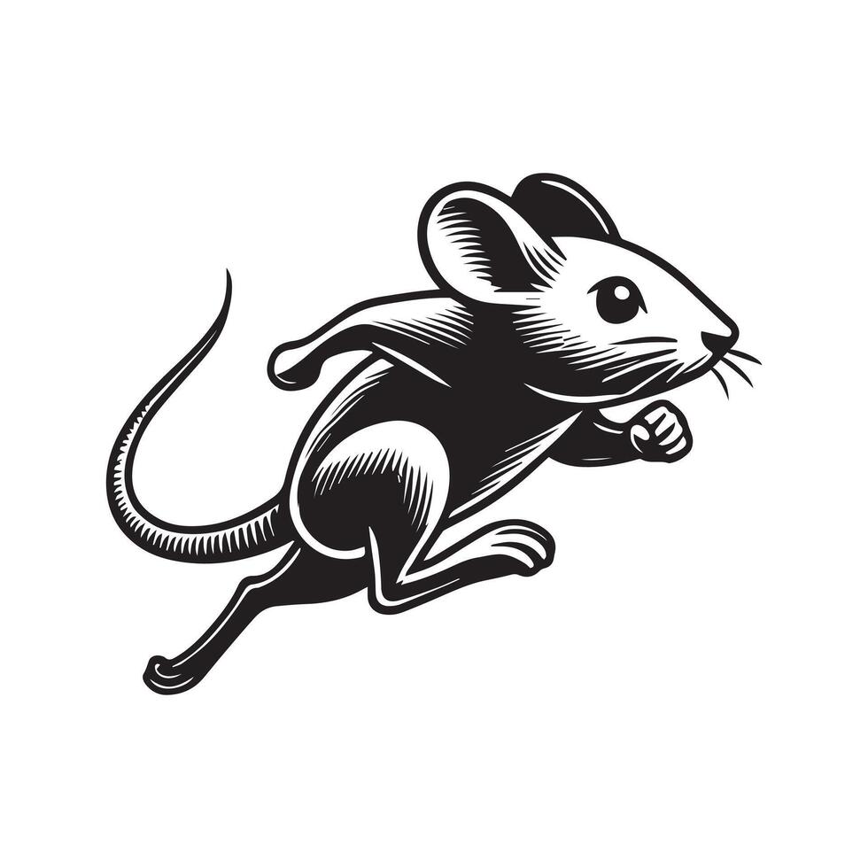 A black and white illustration of a mouse running vector