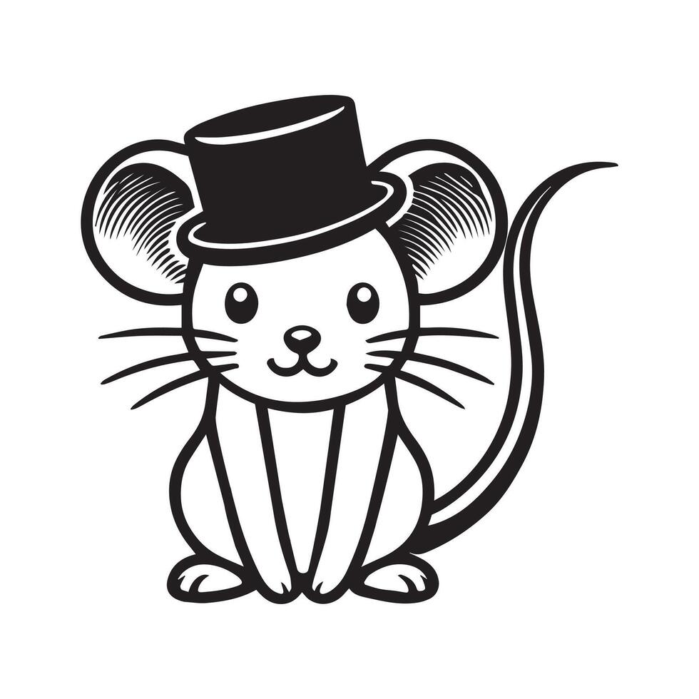 A black and white illustration of a mouse wearing a top hat vector