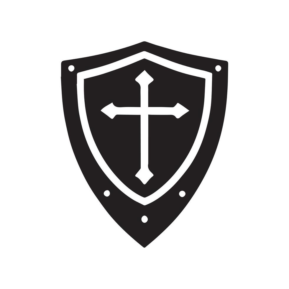 Medieval Cross Shield Clipart Design - Cross Shield illustration in black and white vector