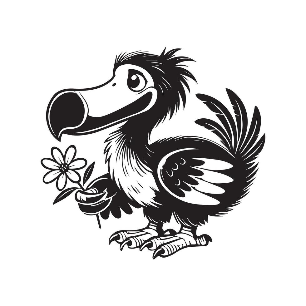 A black and white cartoon of a toucan with a flower vector
