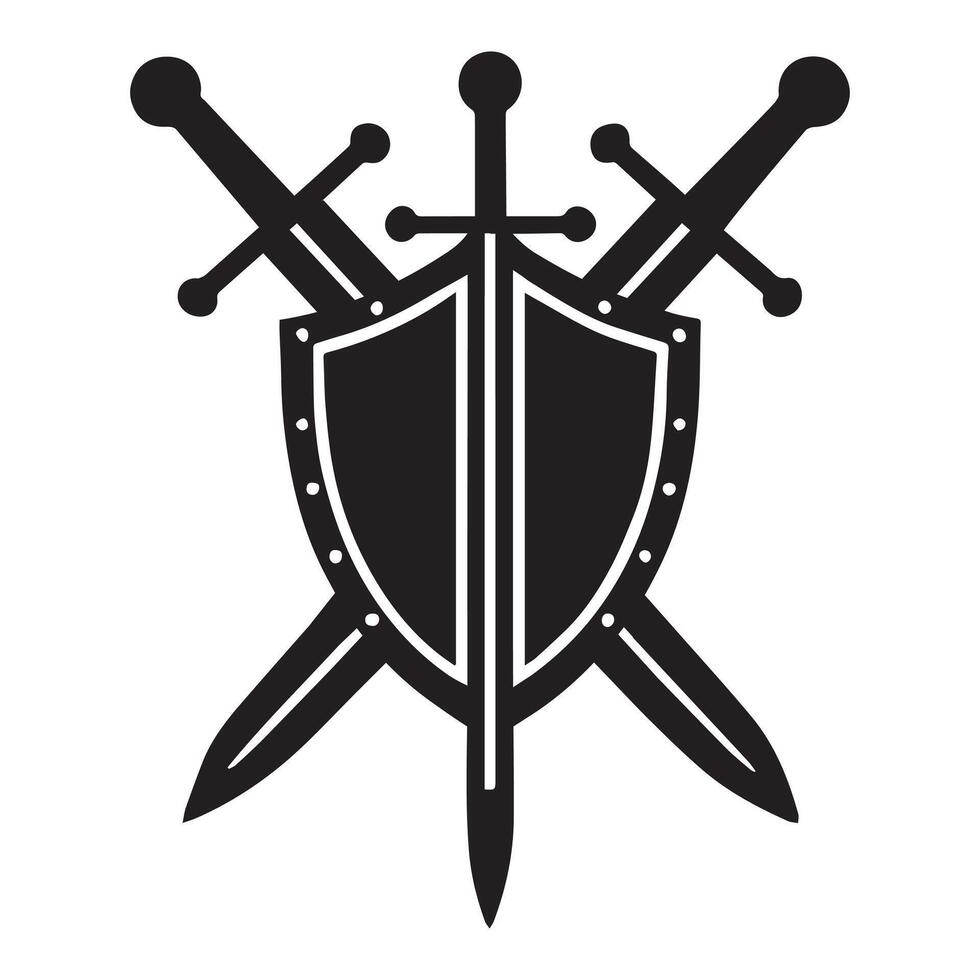 Medieval Crossed sword Shield Clipart Design - Crossed sword Shield illustration in black and white vector