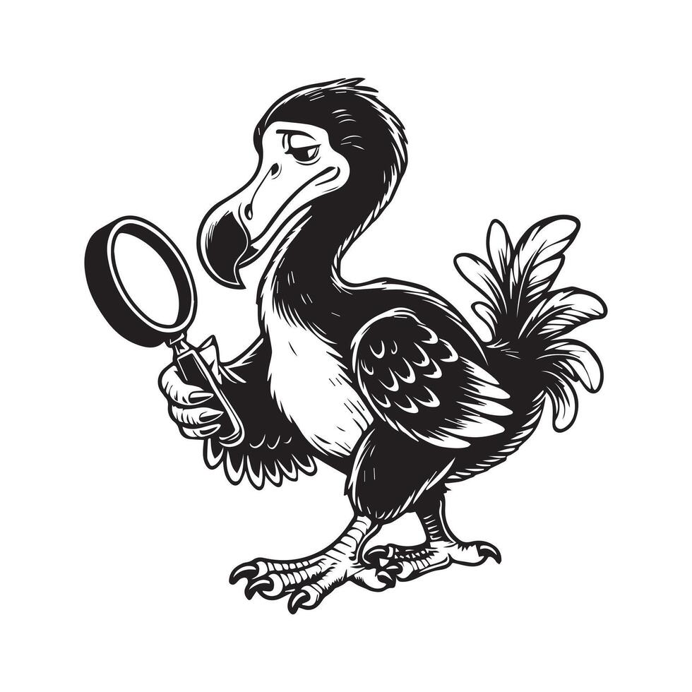 A black and white drawing of a bird holding a magnifying glass vector