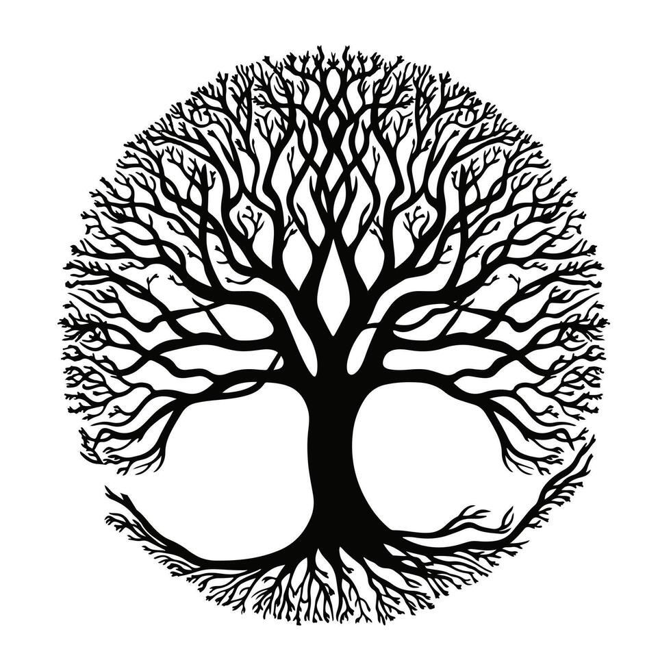 A black and white tree with roots in the middle vector