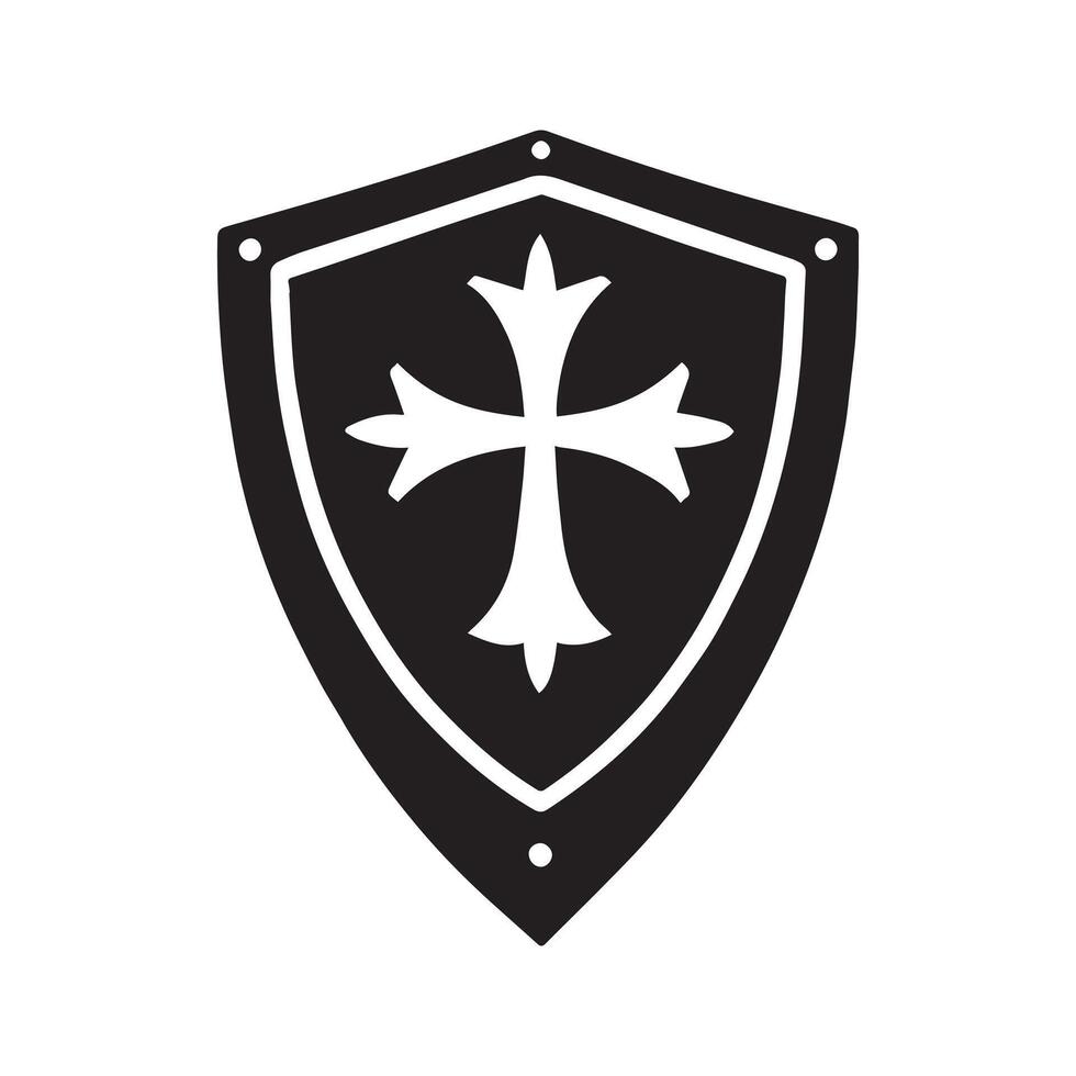 Medieval Cross Shield Clipart Design - Cross Shield illustration in black and white vector