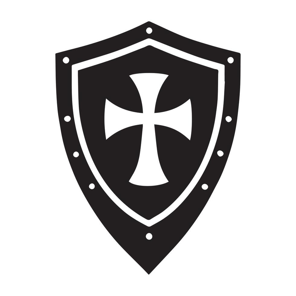 Medieval Cross Shield Clipart Design - Cross Shield illustration in black and white vector