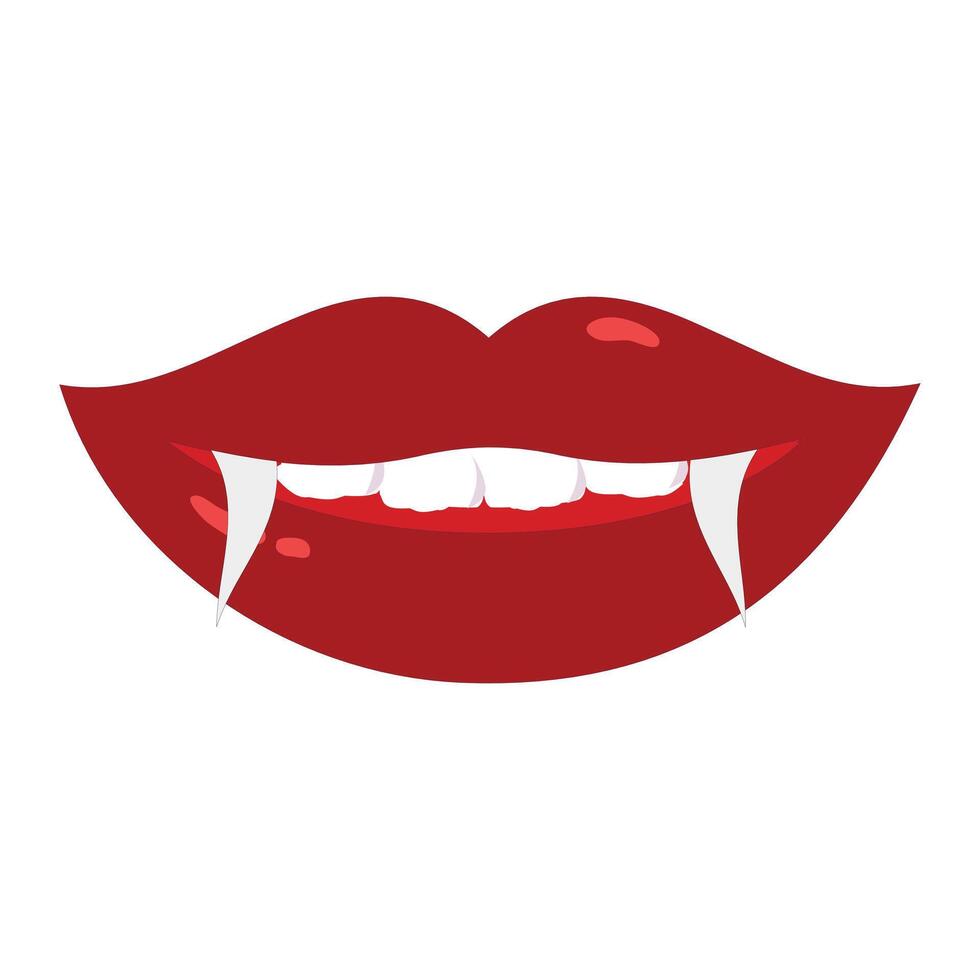 Vampire mouth with fangs and teeth icon illustration a. Cartoon red lips woman with long pointed teeth expression emotion, suitable for halloween design theme vector