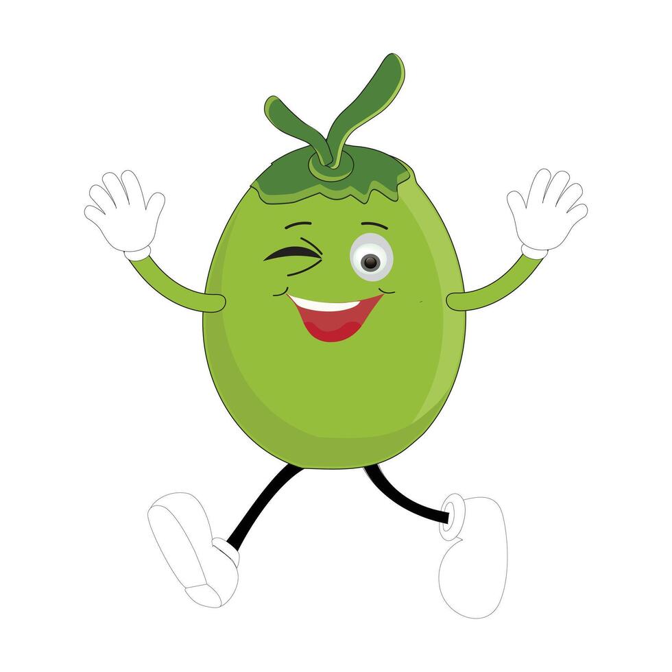 Happy coconut mascot cartoon posing, Illustration Happy Coconut Character Summer Design with a straw, a slice of lemon and a small umbrella, while others gave a thumbs up vector