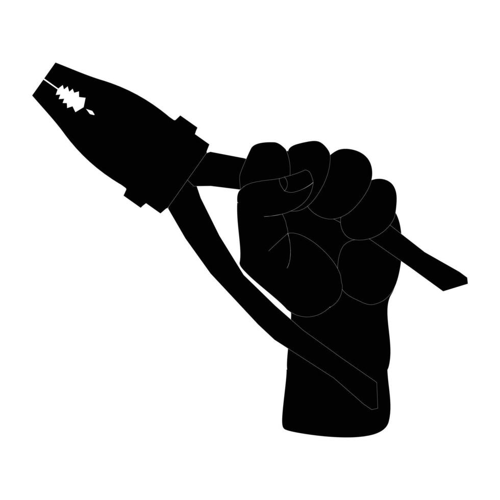 Hand hold Pliers silhouette icon, The worker holds the pliers in hands, black icon. Human hands holding pairs of pliers. vector