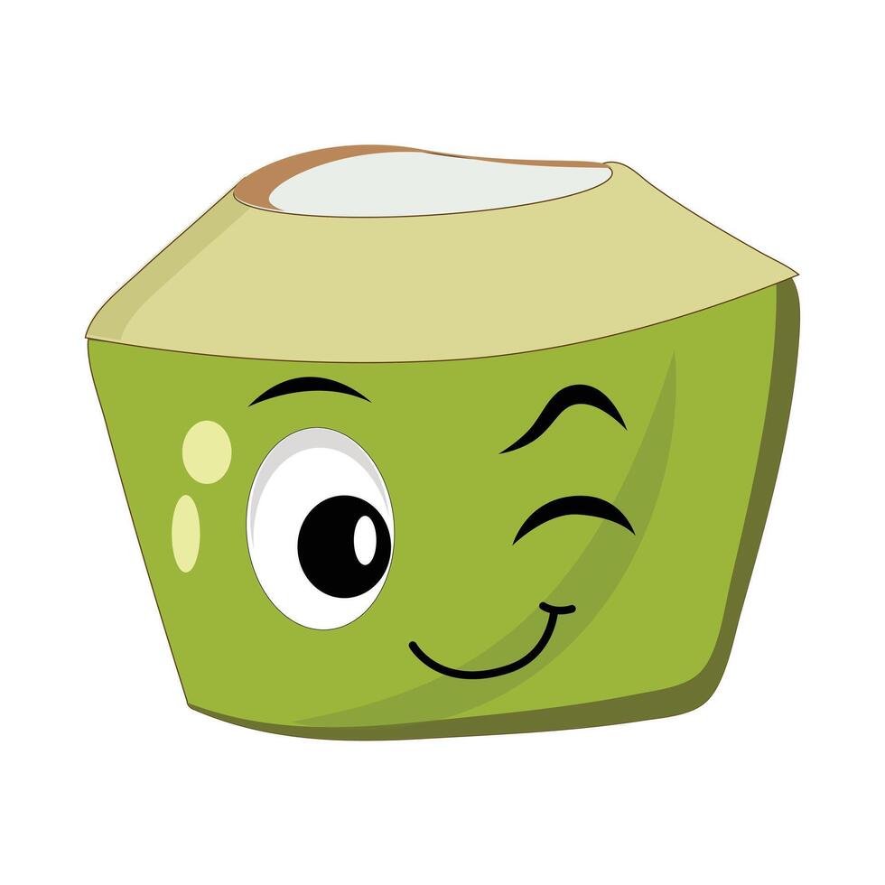 Coconut mascot wink, Summer Design Illustration of Happy Coconut Mascot Character with straw, lemon slice and small umbrella, while another gives thumbs up vector